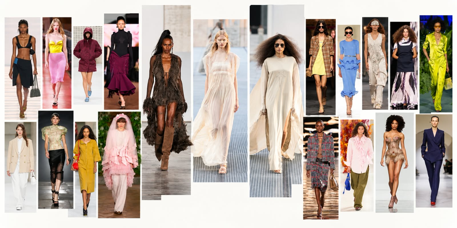 Colagem com 20 modelos brasileiras nas passarelas da temporada internacional SS27.